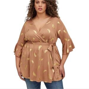 Torrid Metallic Gold Leaf Babydoll Challis Surplice Tie-Front‎ Top Plus Size 2X